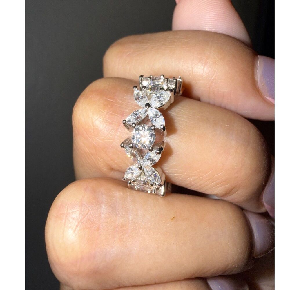 3.71CT Moissanite Eternity Ring Size 6 Round Marquise Rhodium Plated
